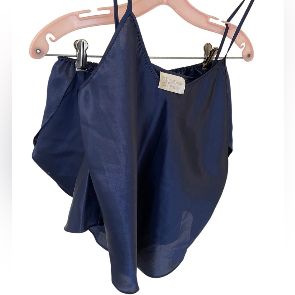 Vintage California Dynasty Navy Blue Satin Camisole & Shorts Sleep Lingerie Set